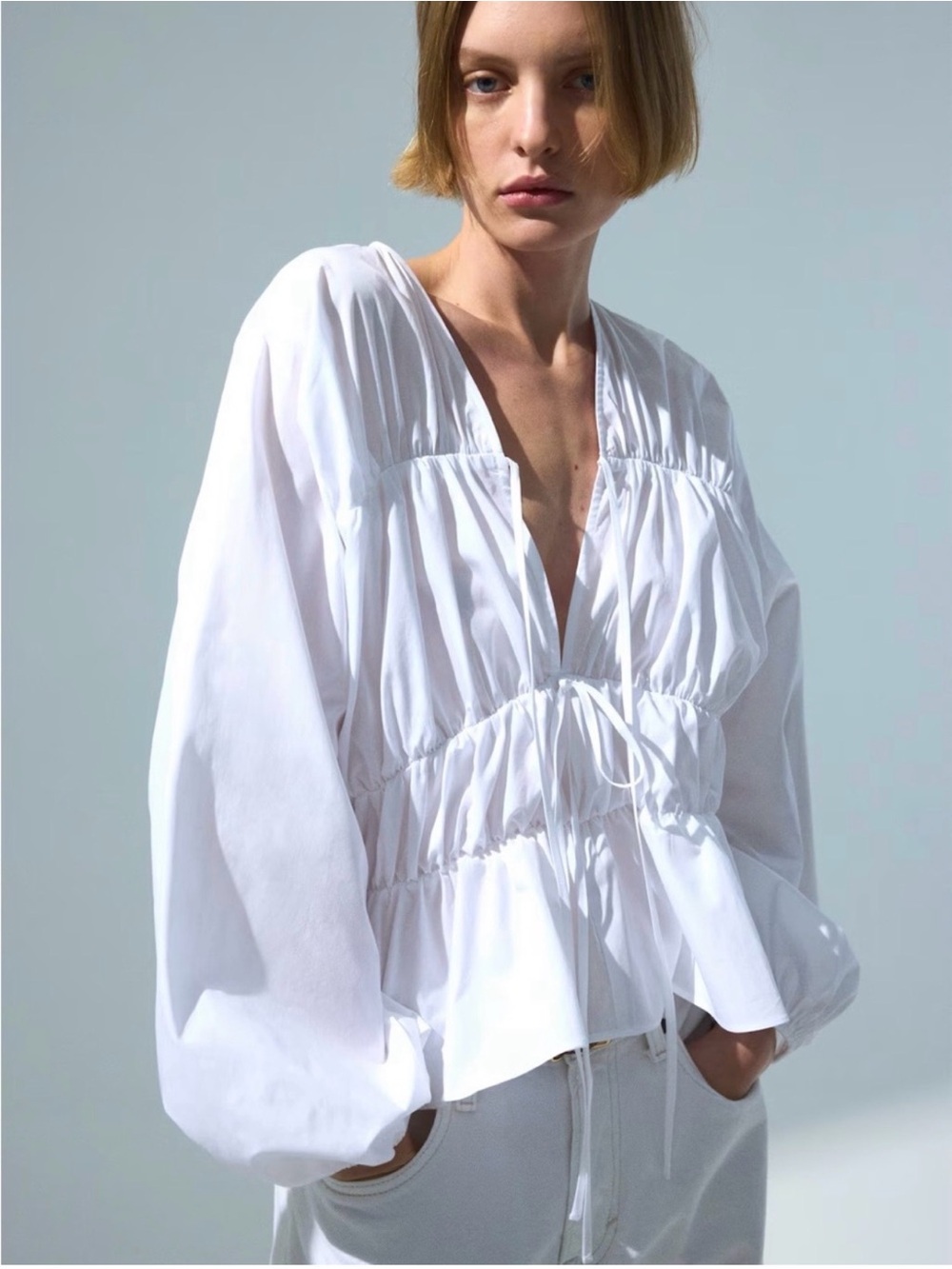 H&M White Cotton Ruched Peplum Tie Blouse M NWOT
